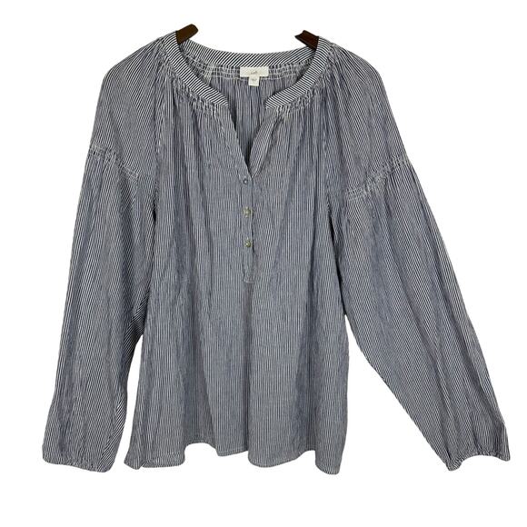 J. Jill Smocked Button‎ Front A-line Top Blue White Stripe Sz L Coastal Preppy - Picture 1 of 11